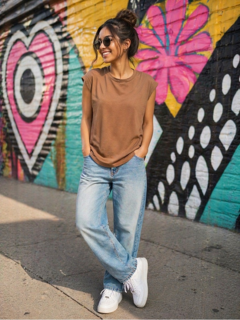 🤎 Ruched Side Cinched Tee Camel Cap Sleeve Crew Neck Top Size M